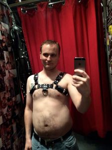 Trying on my new harness in Berlin