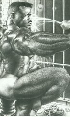 Muscled man behind bars used and abused