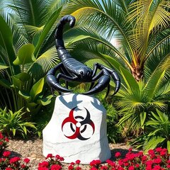 part 19 statue scorpion, on a white rock and a black/red biohazard sign